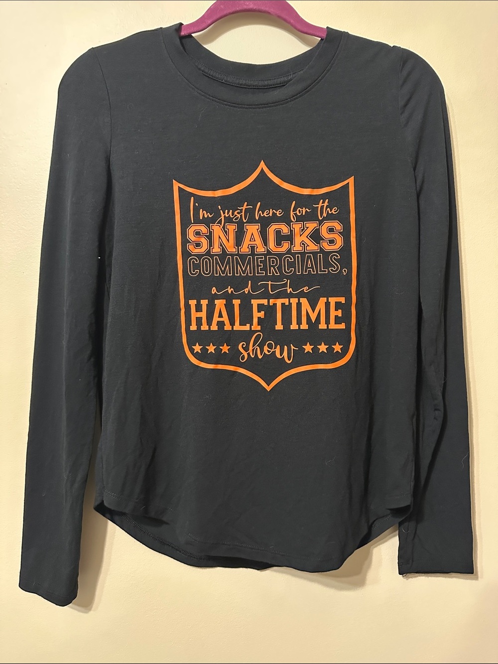 SO Black Long Sleeve Graphic Tee with Orange Super Bowl Humor Print